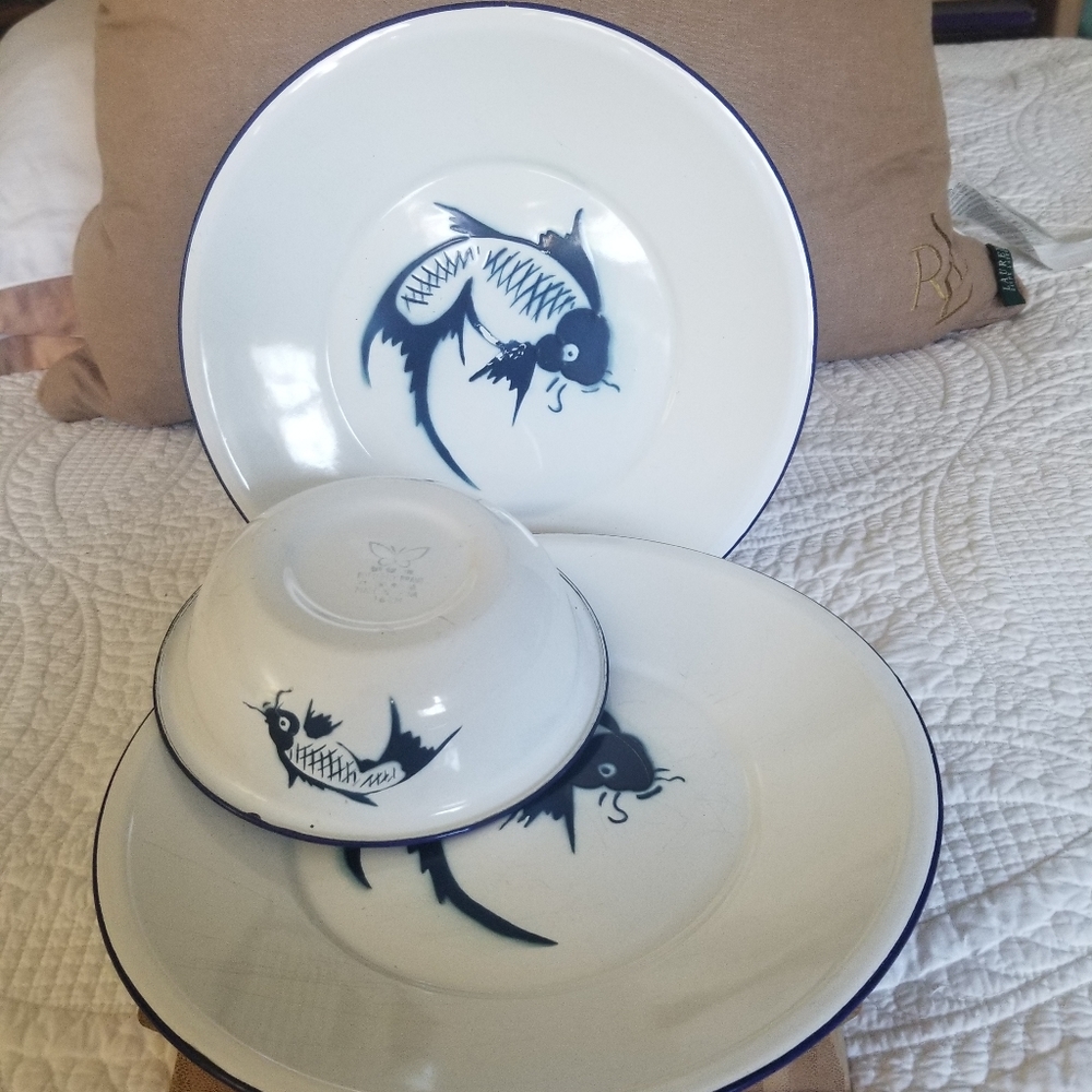 Vintage Enamelware White/Blue Koi Fish Plate and Bowl Set